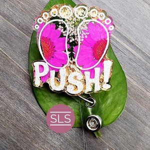 Baby Feet Floral Badge Reel With Push-OBGYN Badge Reel-NICU Nurse-OB Nurse Badge